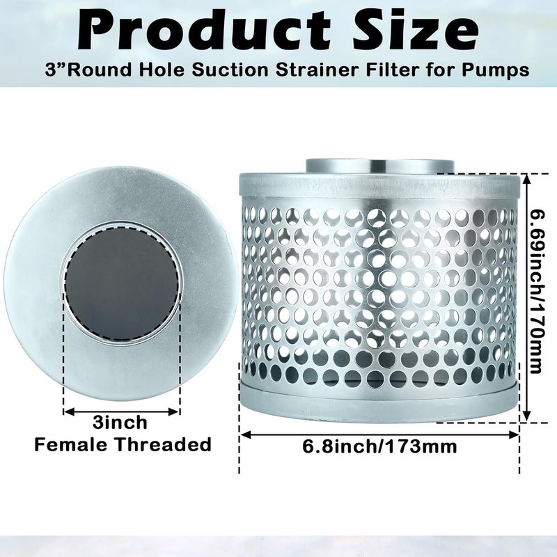 Tujoe 3 Inch Round Hole Suction Strainer Filter Carbon Steel Plated Npt Thread Hose Water Pump Inlet Strainer for Remove Debris Trash Reduces Solids Entering - Image 2